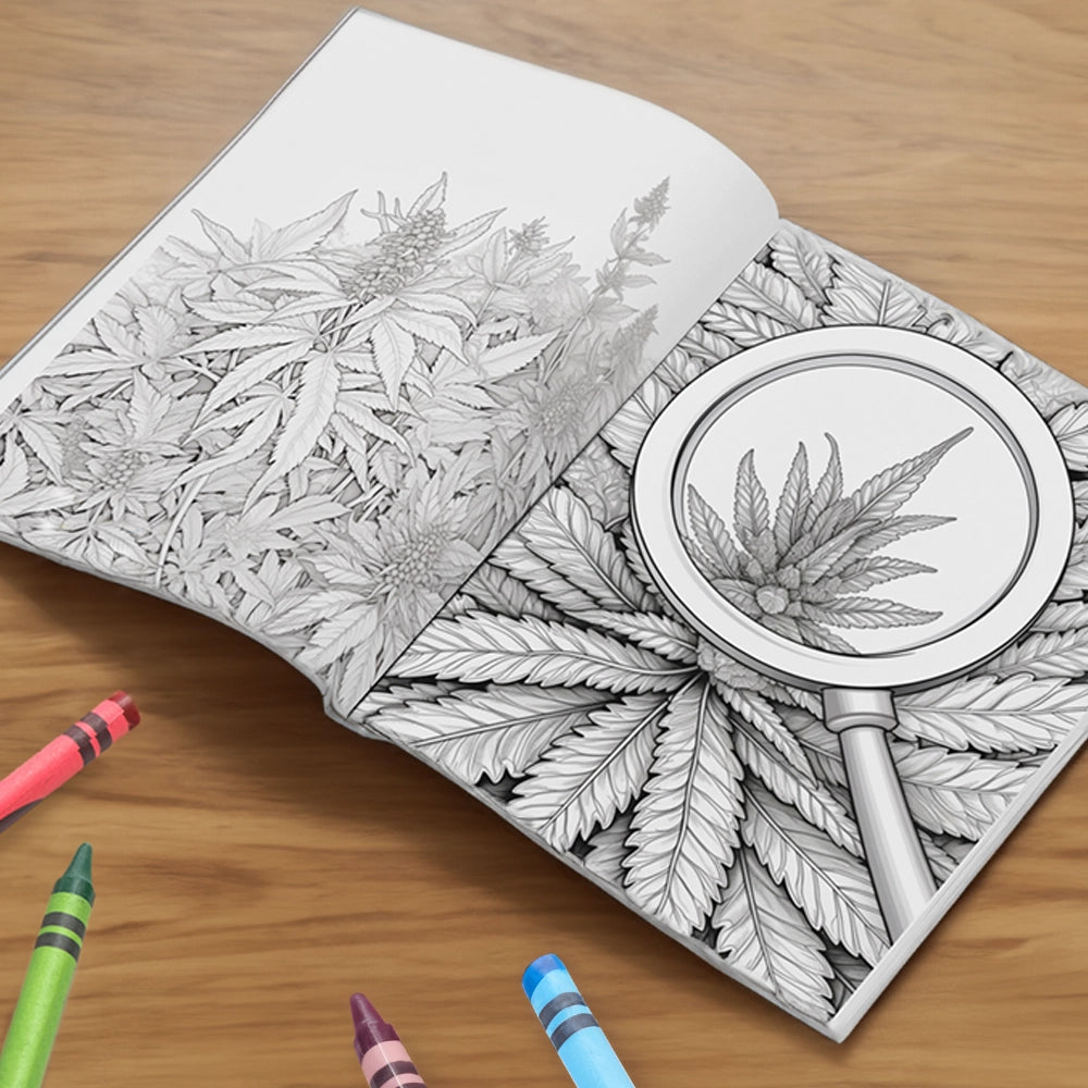 An open adult cannabis coloring book on a wooden surface, showing intricate cannabis plant illustrations ready for coloring. Crayons in various colors are placed beside the book.