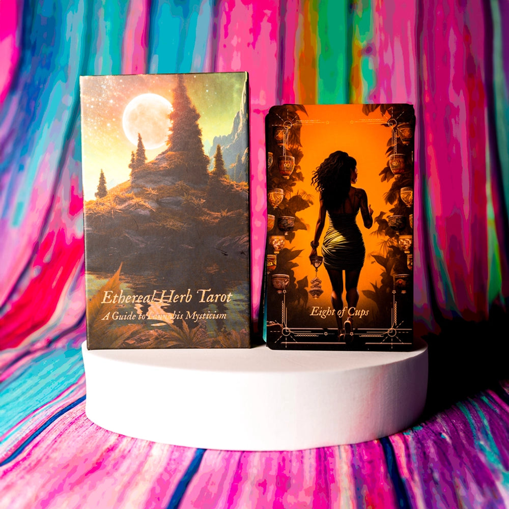 An image of the "Ethereal Herb Tarot" deck by Puff Pass Printing. The deck box features a mystical landscape with a full moon over a forest. Next to it is the "Eight of Cups" card, depicting a silhouetted woman walking away, holding a lantern, against an orange background with detailed illustrations. The background of the image has vibrant, multicolored, abstract patterns.