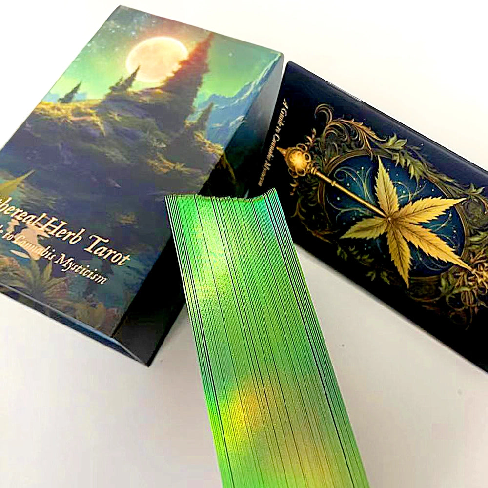 Ethereal Herb Tarot box with vibrant, holographic edges on the tarot cards, featuring mystical cannabis-themed artwork.